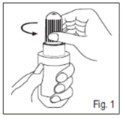 Diagram showing how to break the tamper-proof base ring on the dropper container (5 ml and 10 ml pack, Fig.1).