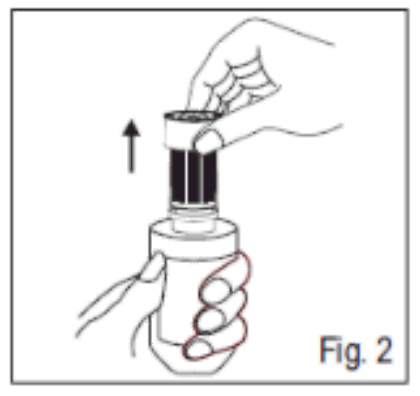 Diagram showing how to remove the tamper-proof base ring by retaining the cap on the container (5 ml and 10 ml pack, Fig.2).