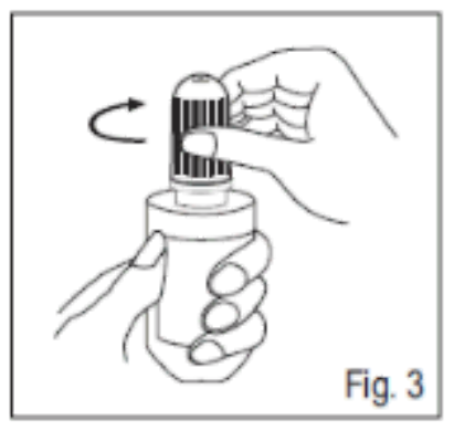 Diagram showing how to pierce the tip of the dropper container by tightening the cap (5 ml and 10 ml pack, Fig.3).