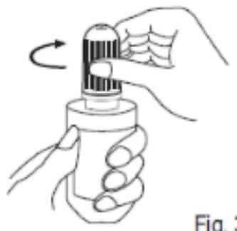 Diagram showing the alignment of the cap and bottle neck when opening the dropper container (5 ml and 10 ml pack, Fig.3).