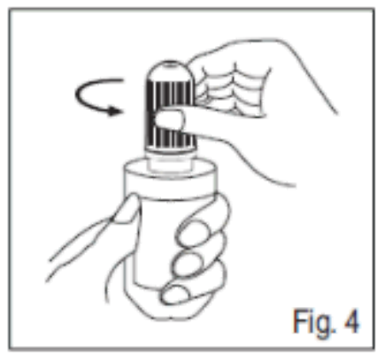 Diagram showing how to remove the cap to open the dropper container (5 ml and 10 ml pack, Fig.4).