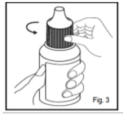 Diagram showing how to remove the cap to open the dropper container (13.5 ml pack, Fig.3).