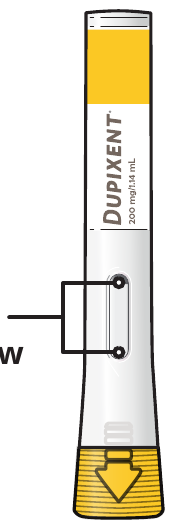 A diagram showing the Dupixent pre-filled pen and its components.