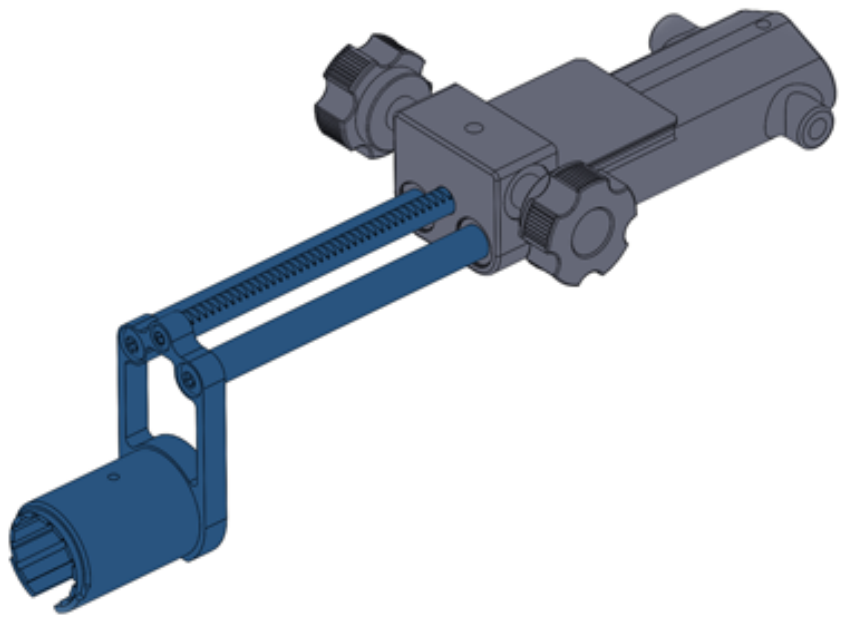 A diagram showing the carriage of the rack-and-pinion assembly fully extended.