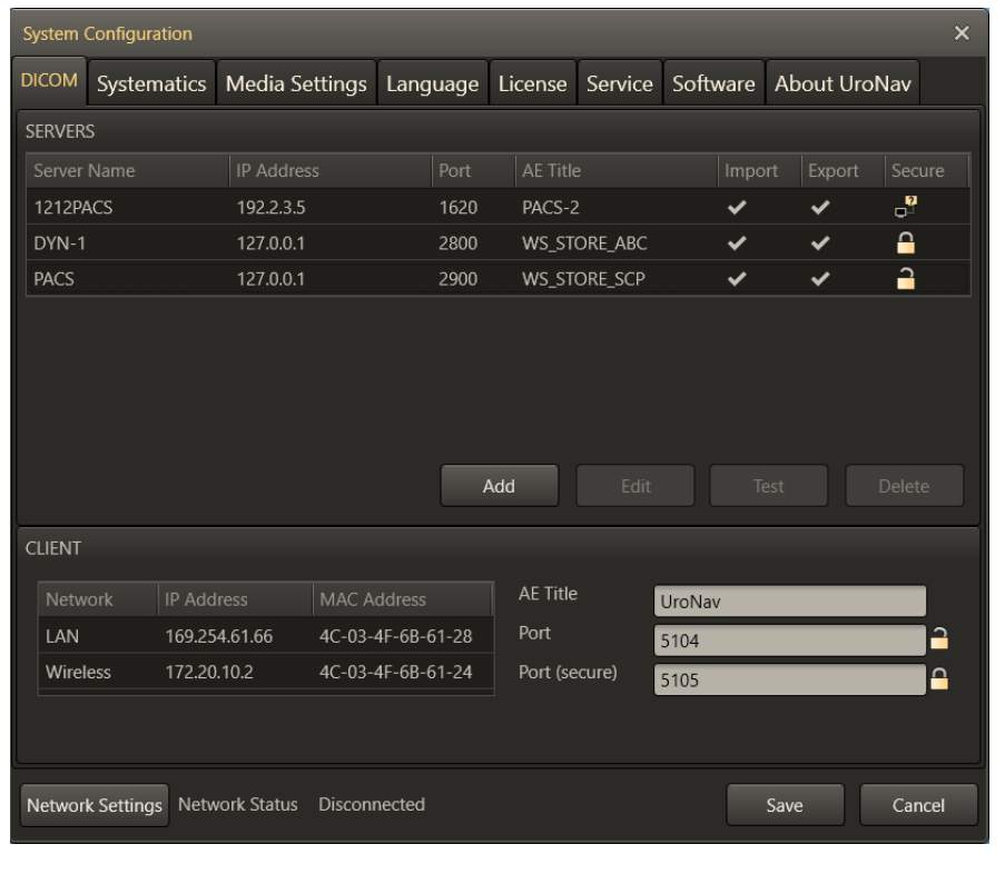 Image showing the DICOM tab of the System Configuration dialog.