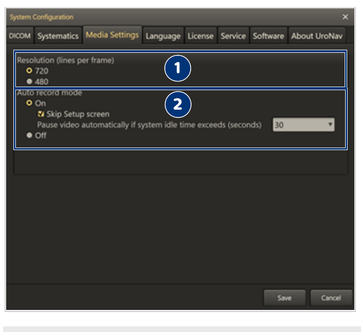 Screenshot of the Media Settings tab in the System Configuration dialog, showing options for video recording configuration.
