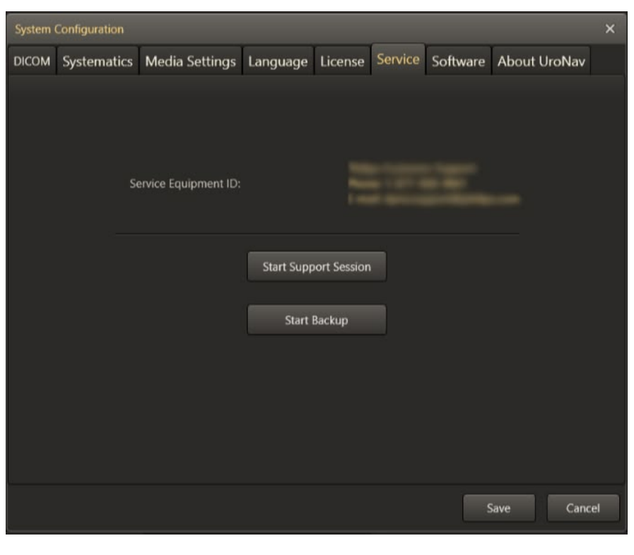 Screenshot of the Service tab in the System Configuration dialog, showing service and backup options.