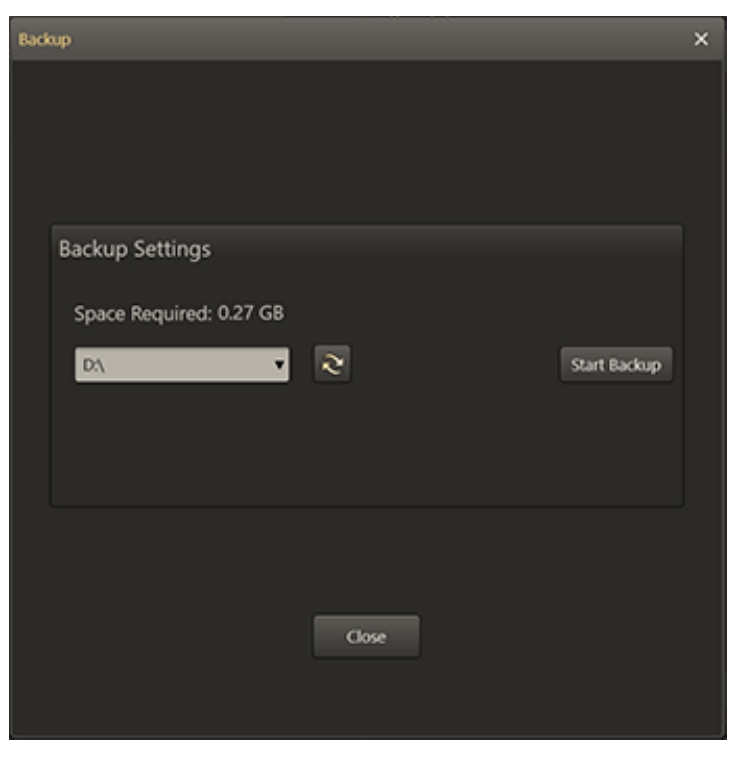 Screenshot of the backup feature interface in the Service tab.