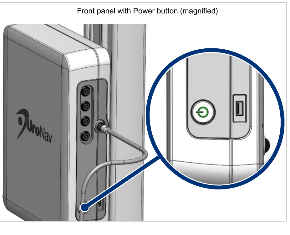 Photograph or diagram of the UroNav front panel with Power button (magnified).