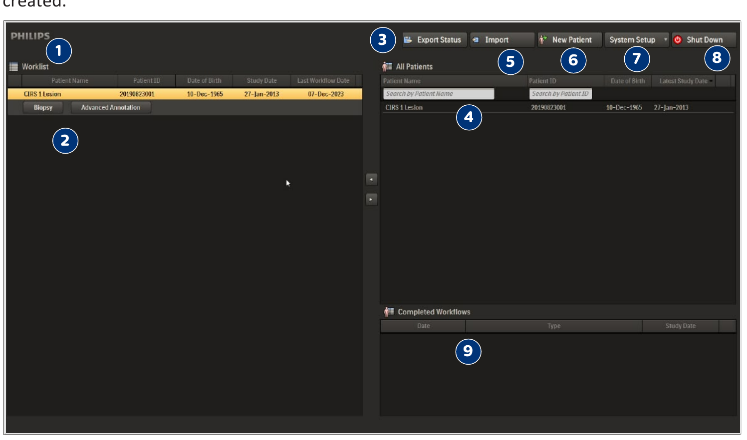 Screenshot of the UroNav Home screen interface with numbered callouts for features such as Worklist, Available workflows, Export Status, All patients list, Import, New Patient, System Setup, Shut down, and Completed workflows.