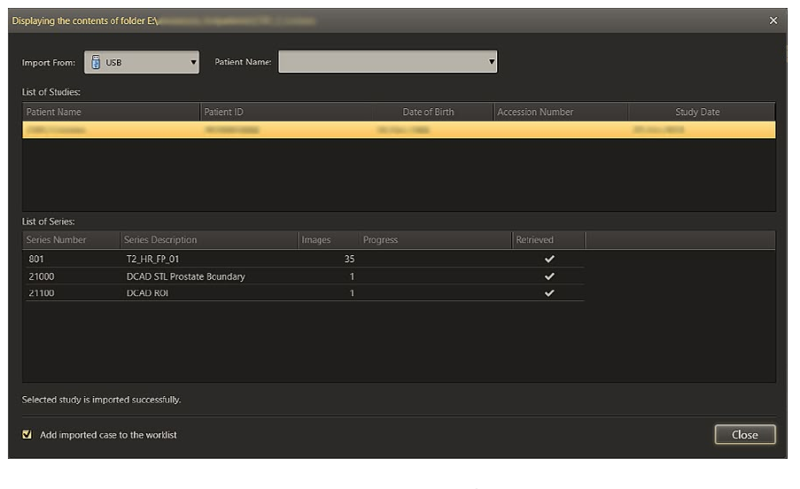Screenshot of the Import screen in UroNav, showing options for importing patient studies from various data sources.