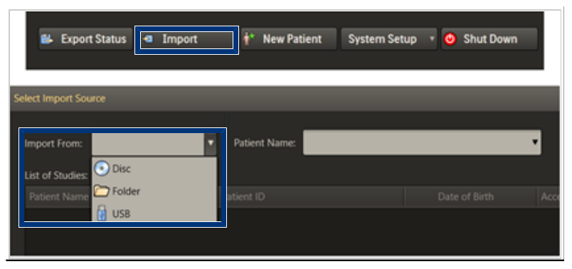 Screenshot of the Import from menu in UroNav, displaying a list of available patients for import.