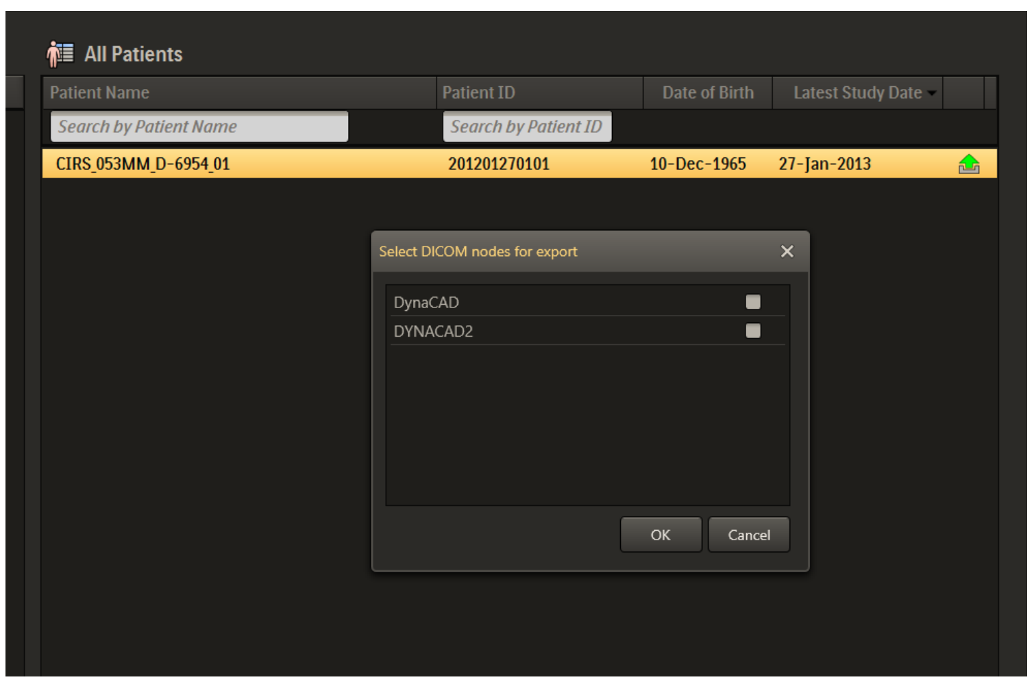 Screenshot of the data export process to a DICOM destination in UroNav.