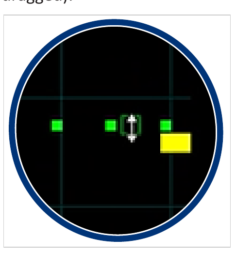 A user interface screenshot or diagram showing the square and needle guidelines changing to green during adjustment.