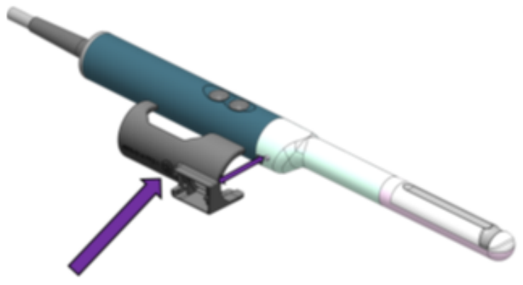 Diagram of BK 8848 and E14CL4b free-hand transperineal probe holder mounting, alternate view.