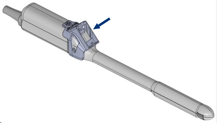 Diagram of tracker removal from Fujifilm (Hitachi) CL4416R1 free-hand transperineal probe holder, alternate view.