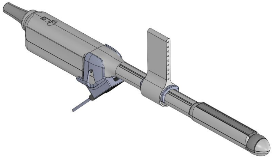 Diagram of tracker removal from Fujifilm (Hitachi) CL4416R1 free-hand transperineal probe holder, alternate view.