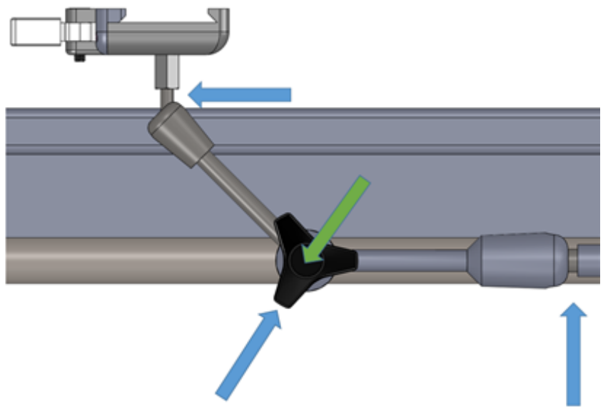 Diagram showing hand knob releasing all three joints of the articulated arm.