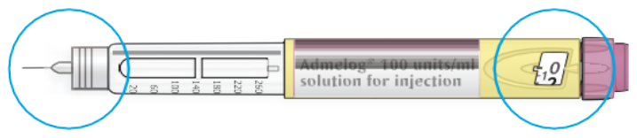 Diagram showing the dose window and selector on the pen.